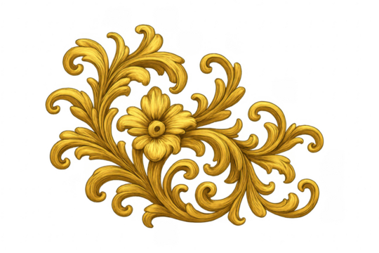 Gold baroque ornate floral ornament design on transparent background