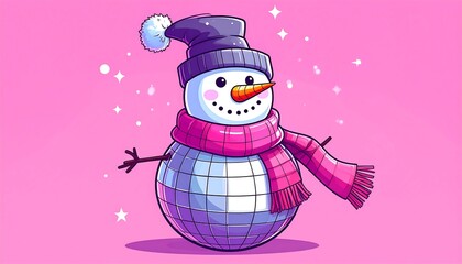 Cute cartoon snowman with disco ball body