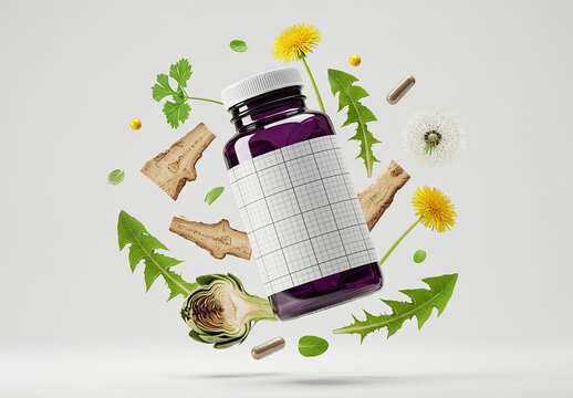 Supplement Jar Label Mockup with Dandelion and Artichoke
