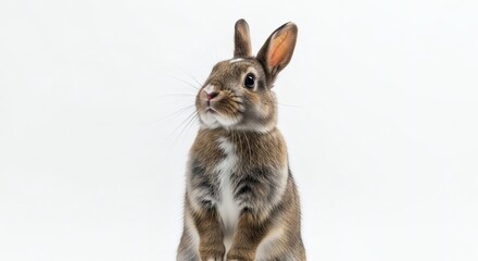 Curious Bunny Brown Rabbit Poses on White Background with Alert and Adorable.