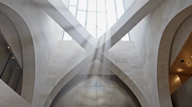 high ceiling - A striking architectural interior featuring soaring arches and soft, natural light streaming through a skylight, creating artistic shadows on the stone walls