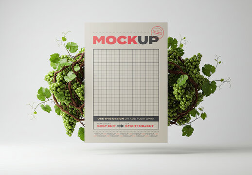 Vertical Page Poster Mockup with Grapes Vine