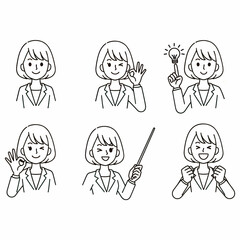 Set of Six Line Art Businesswoman Character Poses and Positive Expressions