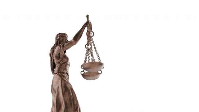 360 Degrees Rotating Seamless Looping Low Angle Lady Justice Statue Isolated on a White Background.