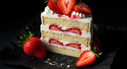 Decadent strawberry shortcake slice against a dark and moody backdrop
