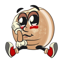 cute sugar donut bun mascot cartoon character vector illustration sad because of being bitten, sweet bakery dessert food icon isolated, work of hand drawn