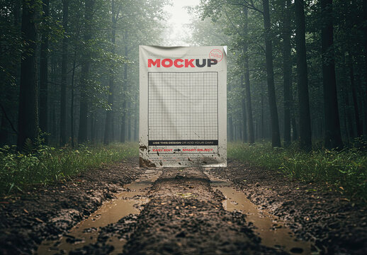 Vertical Poster Mockup on Dirty Mud Forest Road