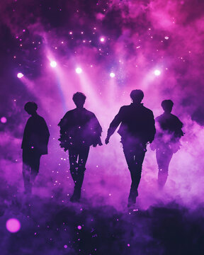 Modern K-pop fan art with group silhouettes on stage, gradient background and soft glowing effects for a dreamy vibe