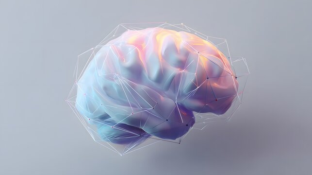 Illuminated brain model surrounded by abstract network structure. - Powered by Adobe
