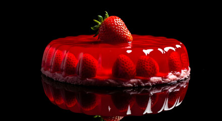 Radiant strawberry dessert glistening on black backdrop, a visual symphony