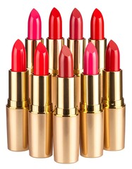 Array of assorted-hued lipsticks in gold tubes, against a pure white backdrop