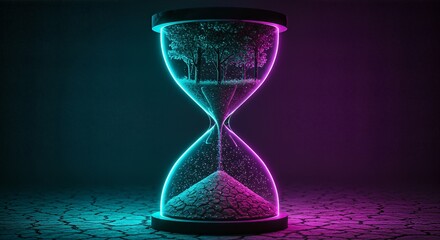 Hourglass with sand running out, illuminated by neon lights, symbolizing time passing.