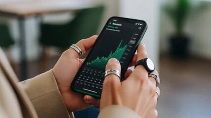 Close up of hands holding smartphone displaying stock market data with rings on fingers - Powered by Adobe