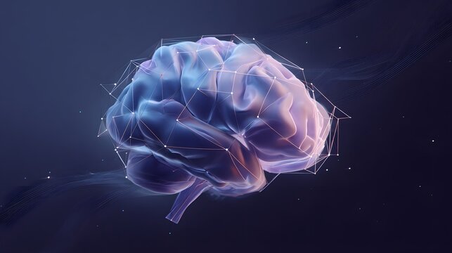 Transparent neural network overlays a glowing human brain on a dark background.