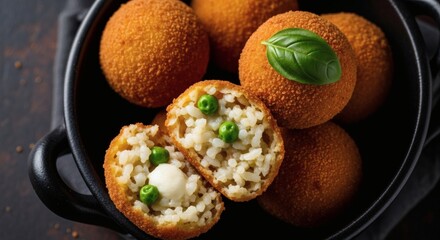 Crispy Arancini Sicilian rice balls with peas with cheesy heart  basil charm.