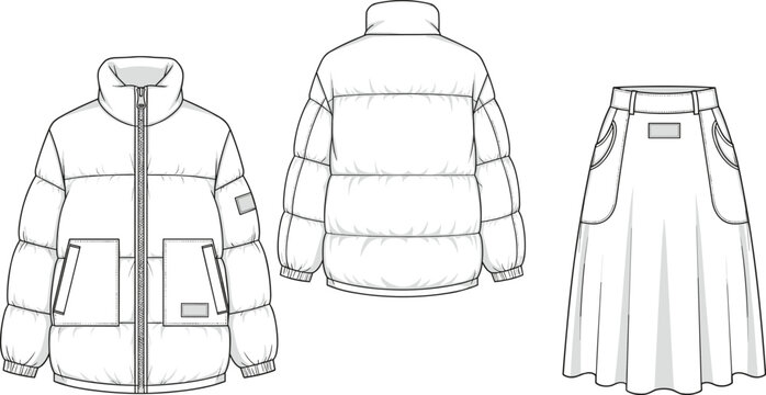 Technical fashion illustration, puffer jacket front back, pleated skirt design, garment template, apparel vector, clothing sketch, sewing reference, outerwear