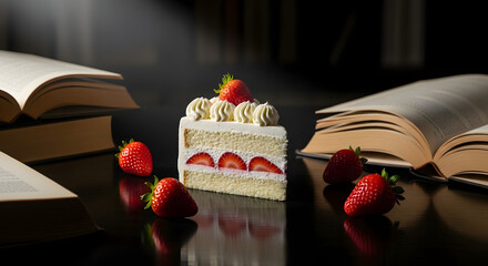 A tantalizing slice of strawberry shortcake surrounded by open books on a dark surface