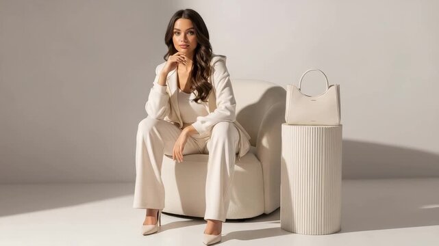 Elegant woman in a white suit sitting in a chair with a matching handbag isolated on white background