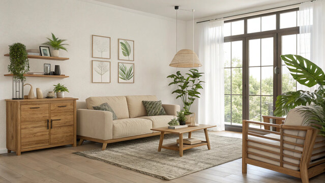 Minimalist cozy living room with natural light