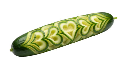 Cucumber carved with heart shapes isolated on transparent background, representing healthy eating and food art