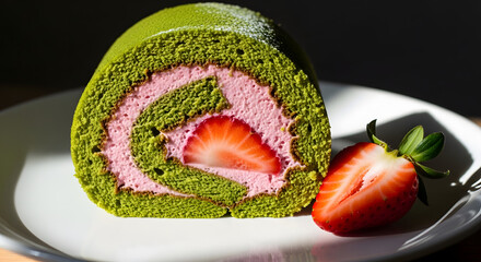 Delicious Matcha Strawberry Swiss Roll Slice Garnished with Fresh Berries on a Plate