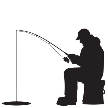 Silhouette of a Man Ice Fishing with Rod and Reel