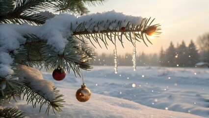 Snow-covered Christmas tree branch with ornaments glistening in the winter sun a festive holiday scene