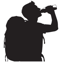 Silhouette of a Hiker with a Backpack Drinking from a Bottle