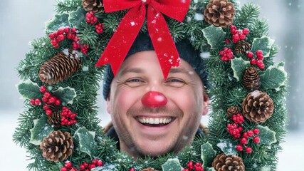 Festive cheerful man with red nose in holiday wreath under falling snow for christmas celebration - Powered by Adobe