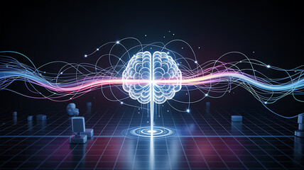 Glowing abstract brain with light trails and digital grid background technology science