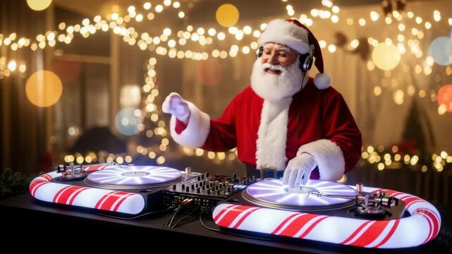 Santa dj mixing holiday beats at a festive christmas party with colorful lights