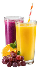 Refreshing Colorful Fruit Smoothies with Straws, Grapes, and Orange Slices in Glasses for Healthy Lifestyle and Dietary Choices