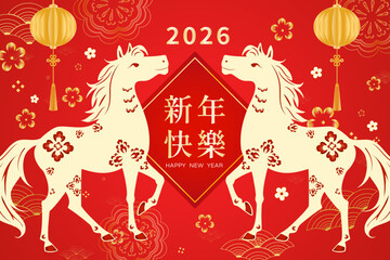 2026 Chinese new year horse with traditional lantern  tradition horse lunar new year background card .text translate: Happy new year