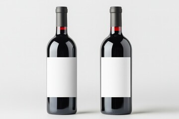 Two dark glass bottles of red wine standing side by side, featuring blank white labels