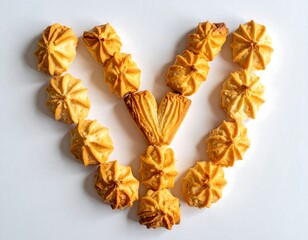 Array of buttery cookies in a heart shape on a white surface