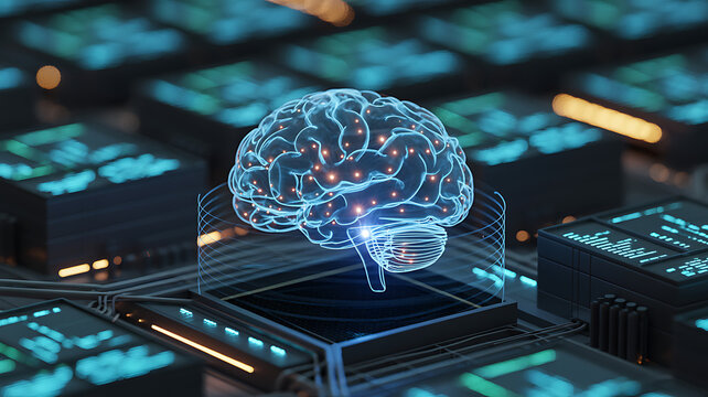 Glowing digital brain on futuristic circuit board with data nodes artificial intelligence