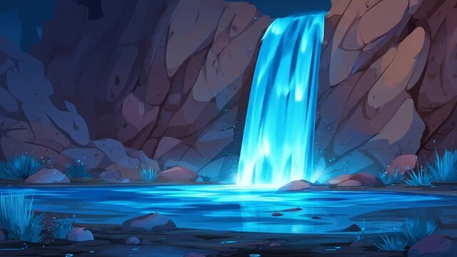 Cartoon waterfall scene flowing water and rocks illustration