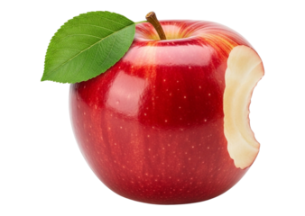 Red delicious apple with a bite taken out, showing the white flesh, isolated on transparent background