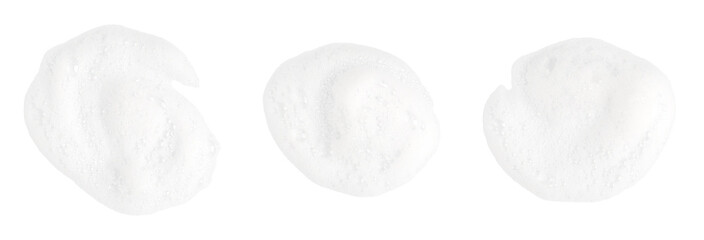 Set of white foam texture isolated on white background, cleansing bubbles collection, perfect for skincare design, cosmetic advertising, hygiene product concept. foam soap and or shampoo
