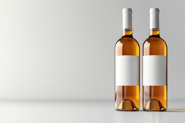 Obraz premium Two amber colored bottles containing wine or spirits with blank white labels and caps, copy space