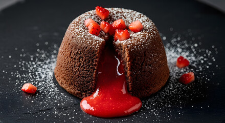 Decadent chocolate lava cake with luscious strawberry compote on dark slate