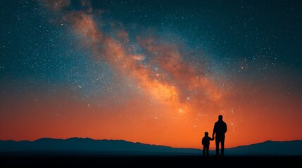 Fototapeta premium Stunning night sky landscape featuring vibrant stars the Milky Way galaxy and silhouetted figures under a scenic cosmic horizon at dusk