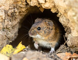 A small brown rodent emerges cautiously from its earthen burrow entrance, showcasing its delicate paws and curious eyes, nestled amongst autumn foliage