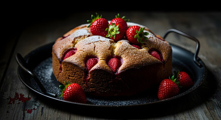 A rustic strawberry cake adorned with fresh berries and a dusting of sugar