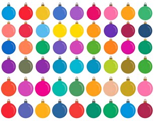 Array of Christmas ornaments in vibrant colors, arranged in grid rows
