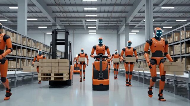 Robotic automation revolutionizes warehouse logistics with efficient robot workers and modern forklifts operating - Powered by Adobe