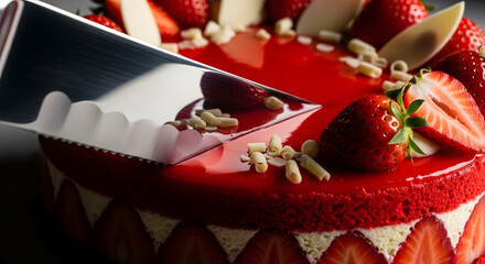 Artisanal strawberry cake with a mirror glaze being sliced with a cake server
