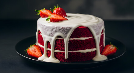 Delicate red velvet cake with creamy frosting and fresh strawberries arrangement