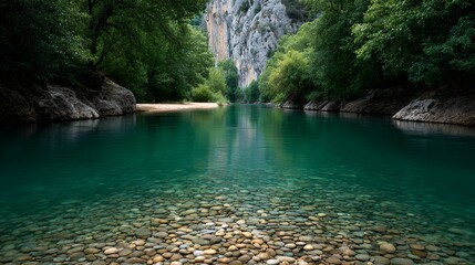 Serene river landscape with clear blue water lush green trees rocky shoreline and majestic canyon walls creating a peaceful outdoor natural scenery