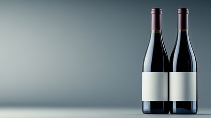 Two dark glass wine bottles standing on plain gray background, copy space